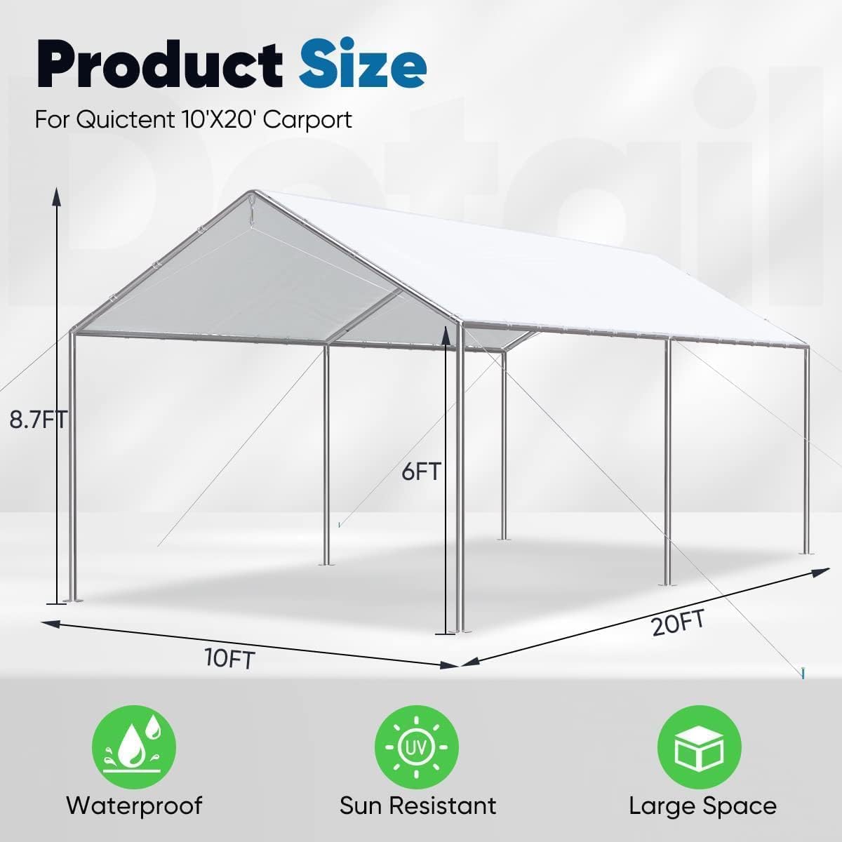 Quictent 10x20 ft Heavy Duty Car Canopy Galvanized Frame Carport Outdoor Party Tent Boat Shelter with 3 Reinforced Steel Cables - White