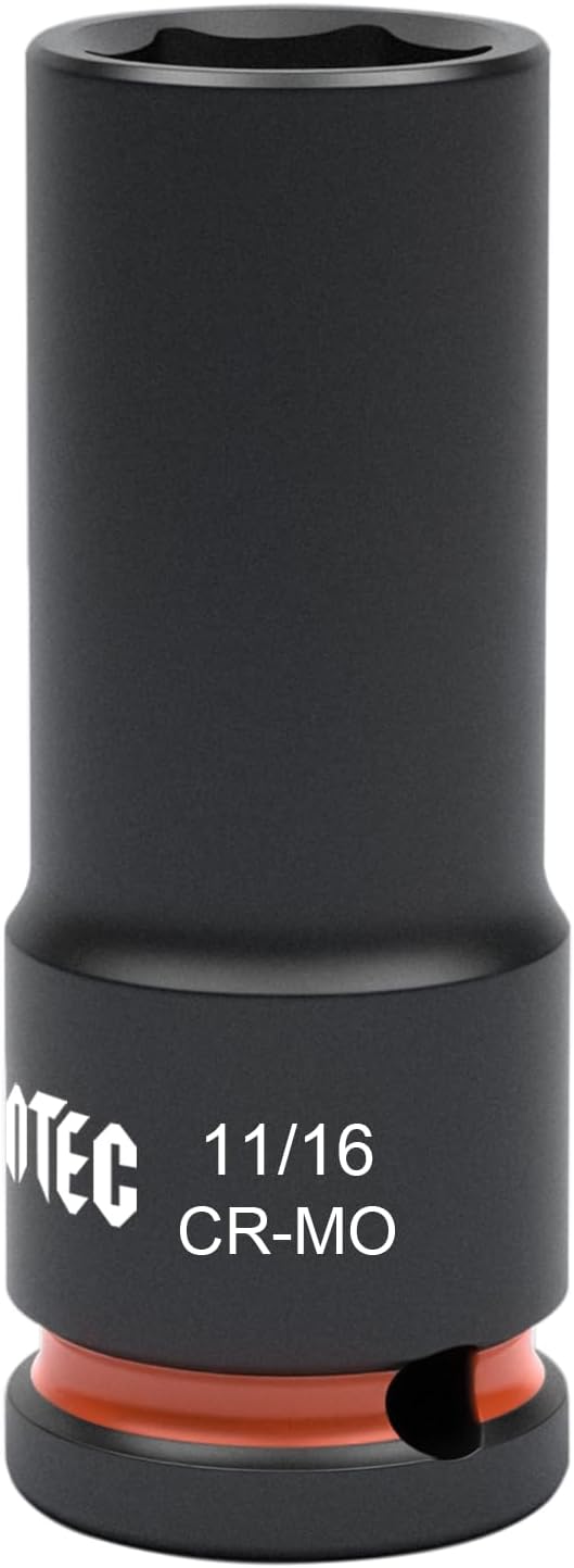 1/2 Inch Drive - 11/16 inch Deep Impact Socket with Anti-Rounding 6 Point Design, Heat-Treated Cr-Mo Steel, Automotive, Truck Maintenance, Heavy Equipment Repair