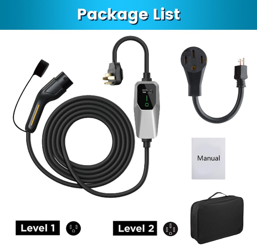 Portable Level 1 and Level 2 EV Charger 240V 32A (7.68kw) with 26ft Charging Cable NEMA 14-50 5-15 for SAE-J1772 Electric Vehicles Charging Station
