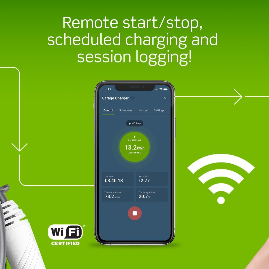 Leviton Level 2 Smart EV Charger with Wi-Fi, 40 Amp, 9.6kW Output, 25' Cable, NEMA 14-50P, Indoor/Outdoor Plug-In EV Charging Station, My Leviton Compatibility, EV40P EVSE