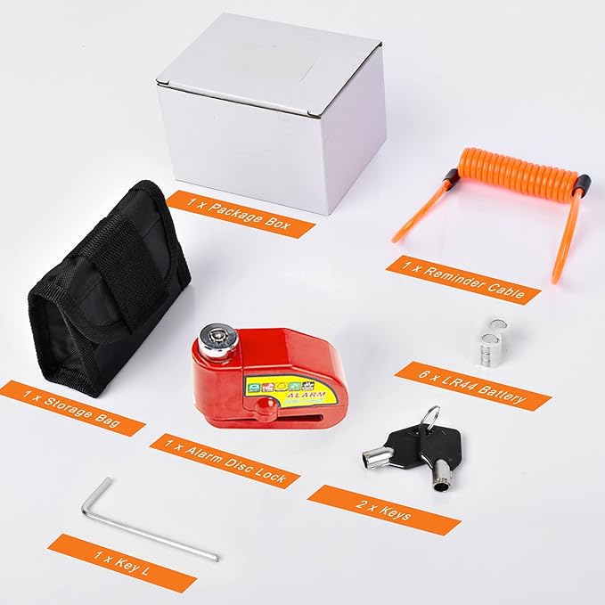 Motorcycle Alarm Disc Brake Lock, Motorcycle Locks Anti Theft Security Wheel Disc Lock Waterproof 110dB Alarm Sound with 5ft Reminder Cable Keys and Carry Pouch for Motorbike Bike Scooter