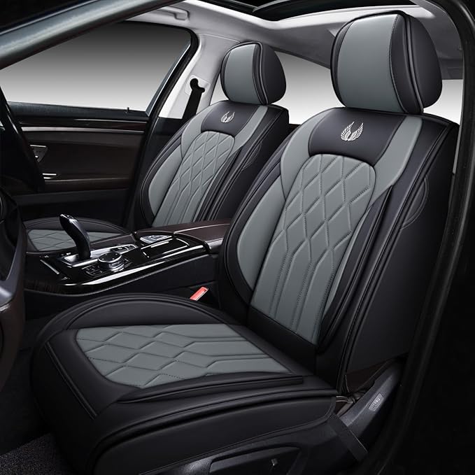 OASIS AUTO Car Seat Covers Full Set Premium Waterproof Faux Leather Cushion Universal Accessories Fit SUV Truck Sedan Automotive Vehicle Auto Interior Protector (OS010-Gray)