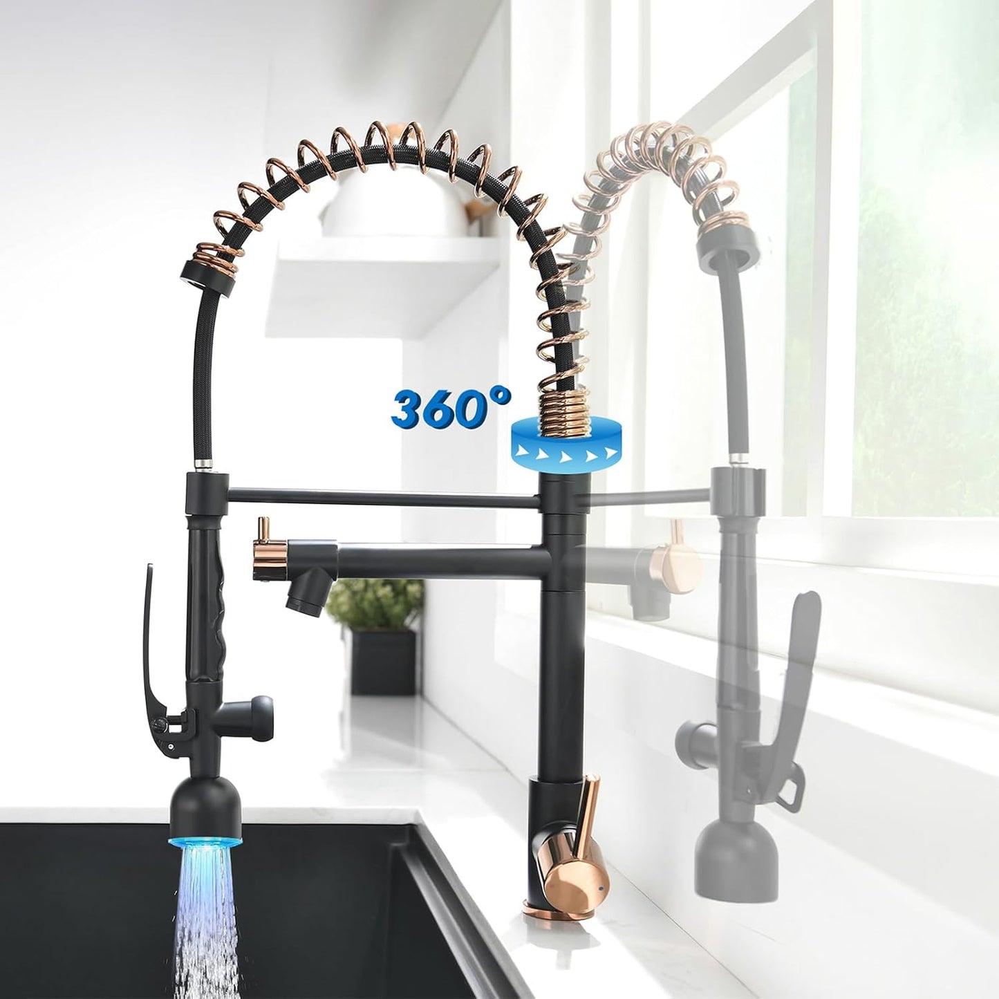 Fapully Commercial Single Handle Pull Down Sprayer Black&Rose Gold Kitchen Faucet,Kitchen Sink Faucet with LED Light