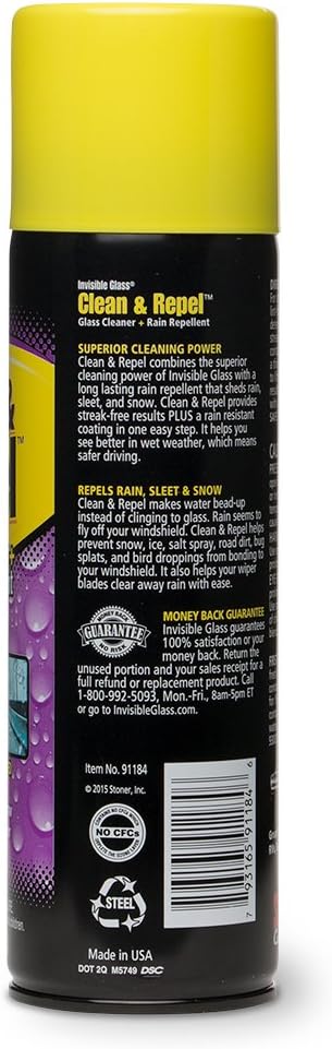 Invisible Glass 91184 Clean & Repel – Aerosol Glass Cleaner and Rain Repellent, Cleans Exterior Windshields, Repels Rain, Sleet, Snow, Improves Wet Weather Driving Visibility – 19 oz