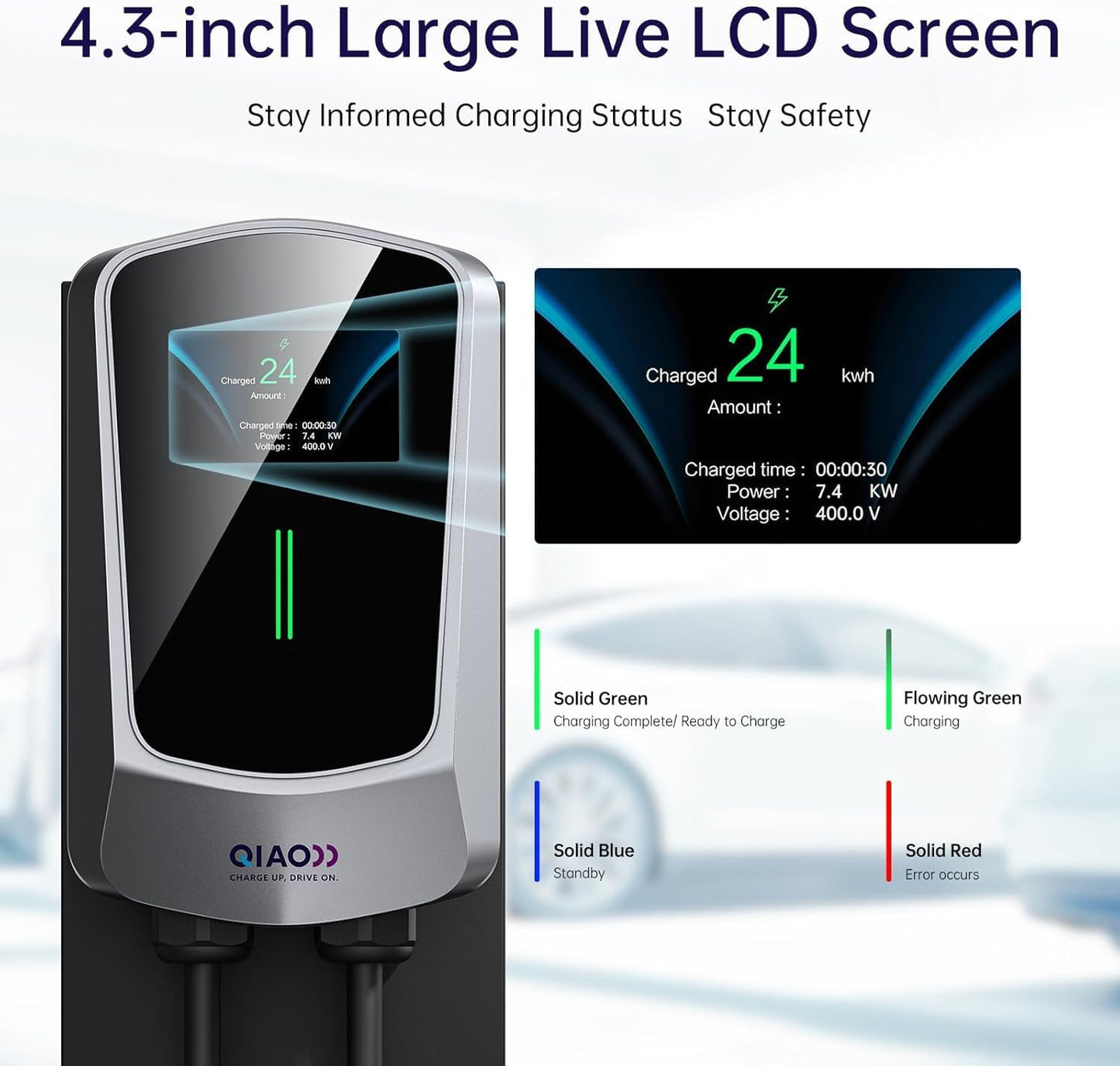 QIAO Level 2 EV Charger, Up to 40A Electric Car Charger, Wi-Fi Bluetooth APP Enabled EVSE, 4.3in Display, 25ft Cable, NEMA 6-50 Plug Charge Station Compatible with All SAE J1772 EV Models White