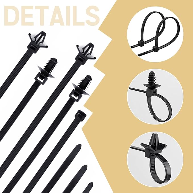 180pcs Nylon Universal Cable Tie Buckle, Push Mount Cable Zip Tie with Car Wire Loom Routing Clips, Universal Compatible with GM Ford Trucks Cars Sedan UTV Engine Bay Self Locking Straps