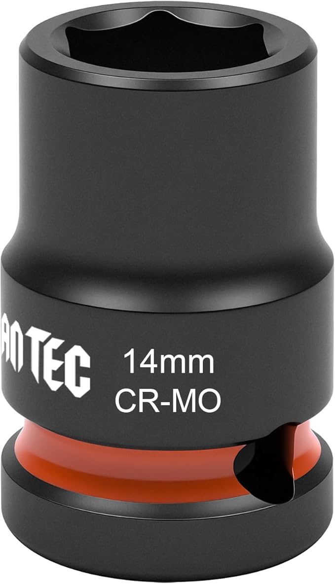 1/2 Inch Drive - 14mm Shallow Impact Socket with Anti-Rounding 6 Point Design, Heat-Treated Cr-Mo Steel, Automotive, Truck Maintenance, Heavy Equipment Repair