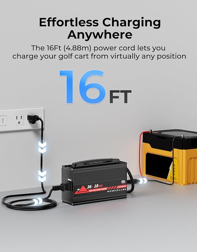 KEMIMOTO Onboard 36V Golf Cart Charger with Universal Fit, 18A Golf Cart Battery Charger, Overcharge Protection, BMS, Full in 4-6H, Trickle Charge, 16 ft, D-Plug, for Lead Acid Battery