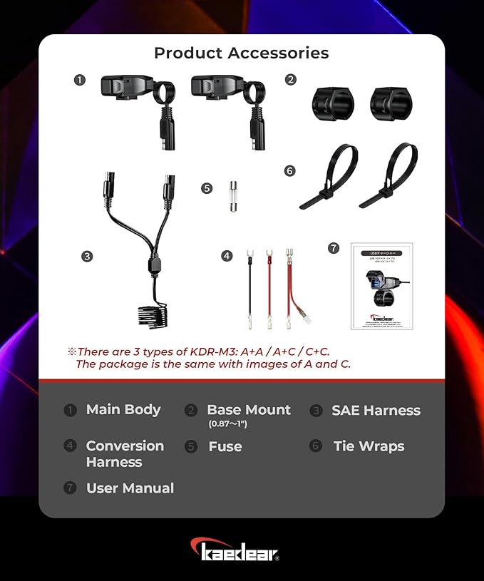 KAEDEAR Motorcycle USB Power Supply, Waterproof, Dual Ports, SAE DC 12V Fuse, Power Switch, Type A + Type A, Super Fast Charging 5V/9V/12V, Light-Guided USB Charger KDR-M3-AA