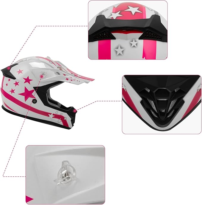 XFMT DOT Youth Kids Dirt Bike Helmet Full Face Motocross Helmets for Off-Road ATV Street Bike Four Wheeler Motorcycle with Goggles & Gloves, Pink Star X-Large