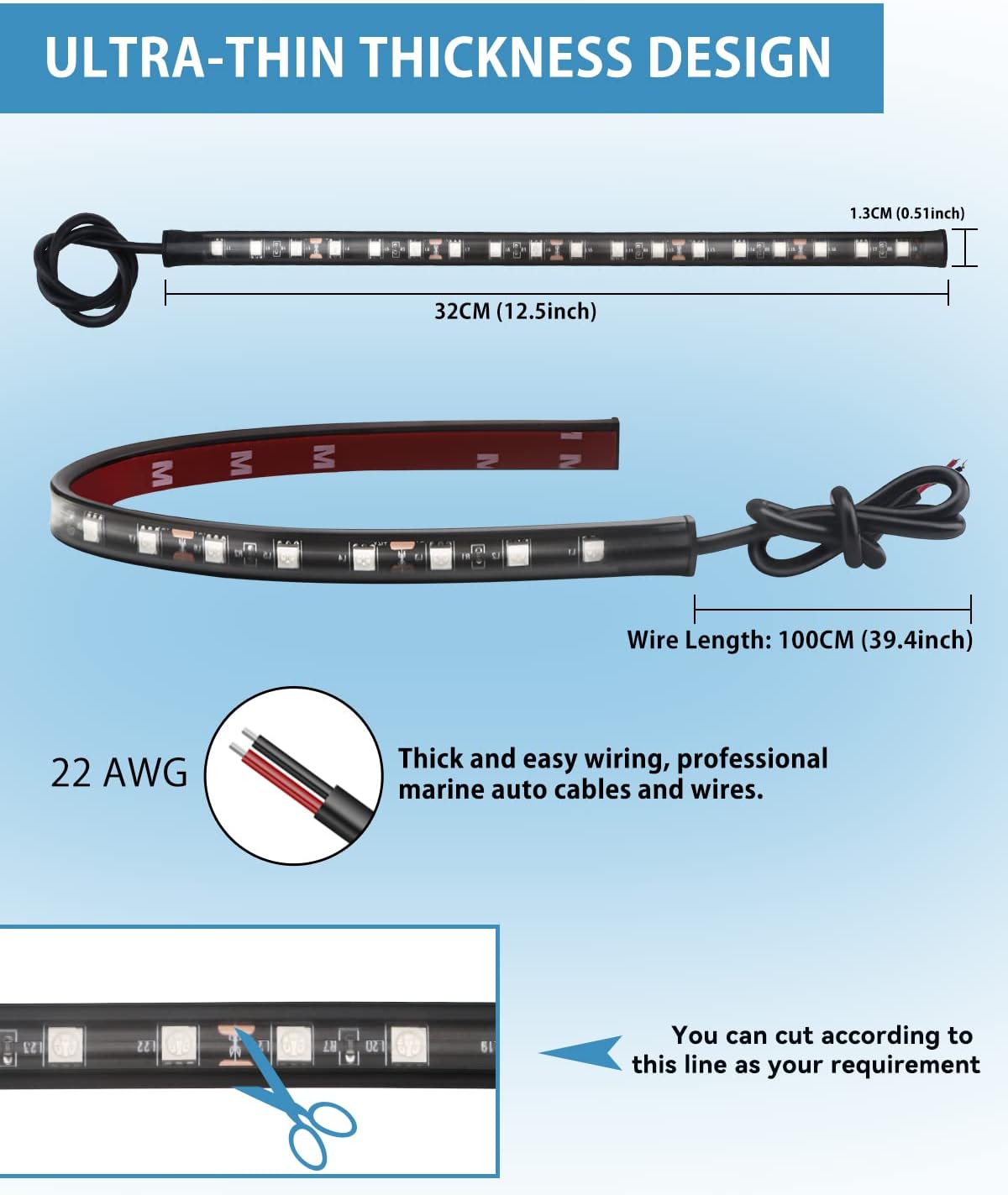 Keiurot 12V Led Light Strip 32CM Waterproof Light Strips for Cars Motorcycles Golf Cart Interior & Exterior Marine Boat Blue Led Strip 12V 5050 18SMD,Pack of 4