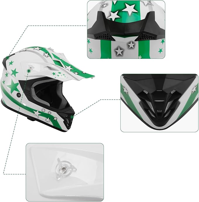 XFMT DOT Youth Kids Dirt Bike Helmet Full Face Motocross Helmets for Off-Road ATV Street Bike Four Wheeler Motorcycle with Goggles & Gloves, Green Star Large