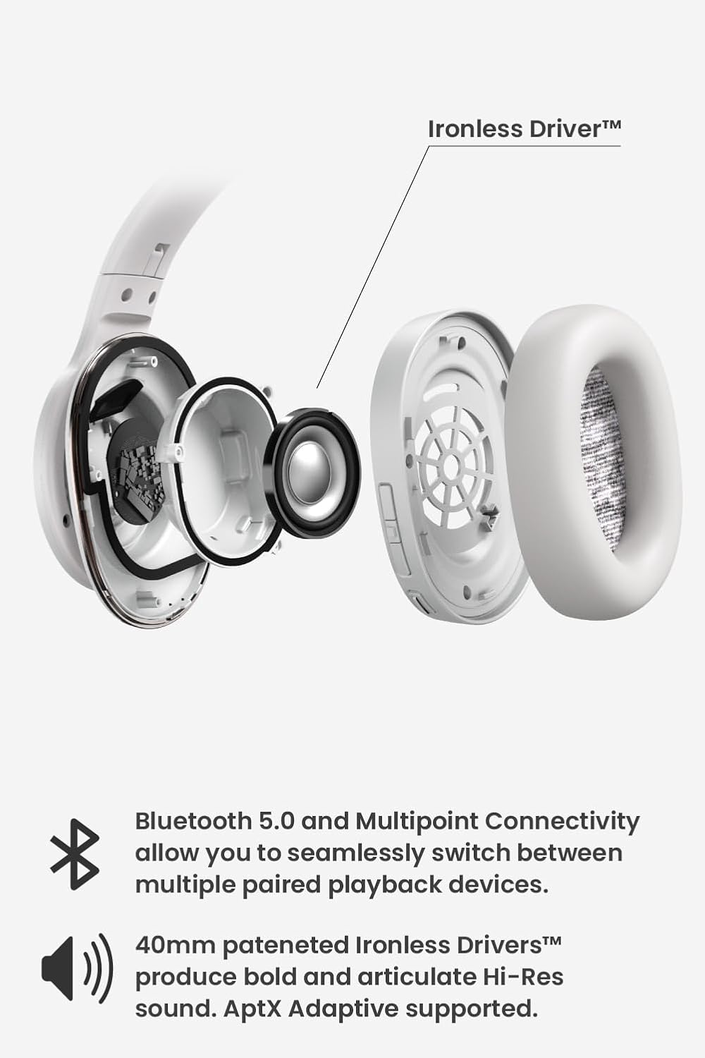 Cleer Audio Enduro ANC Noise Canceling Headphones, Bluetooth Multipoint Connection, Over-The-Ear Design with Mic, Crystal Clear Hands-Free Calling, up to 60 Hours of Battery Life - Light Grey