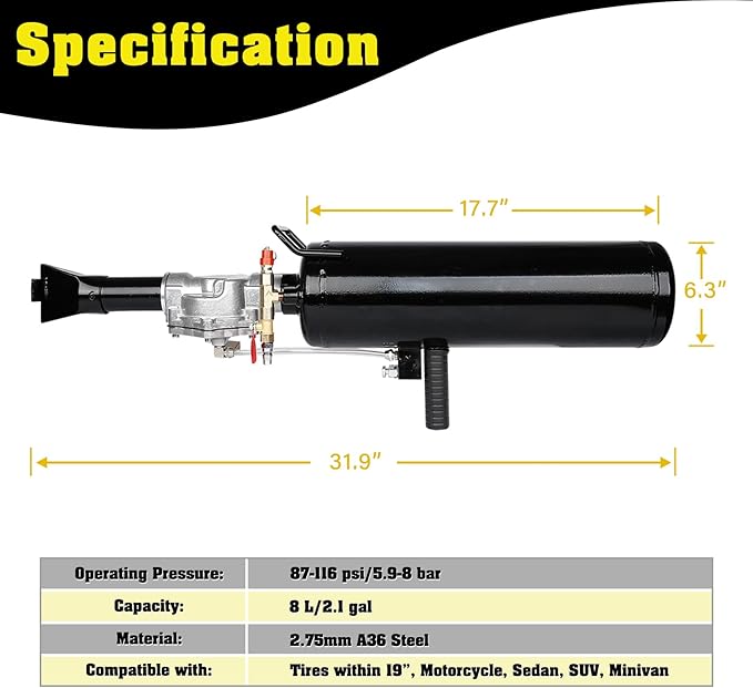 PIRIPARA Tire Bead Seater, 2.1Gal / 8L Air Bead Blaster Tire Inflator, Handheld Tire Air Blaster, Wheel Trigger Seating Tool Inflator for Tractor Truck ATV Car, 87-116 PSI Operating Pressure