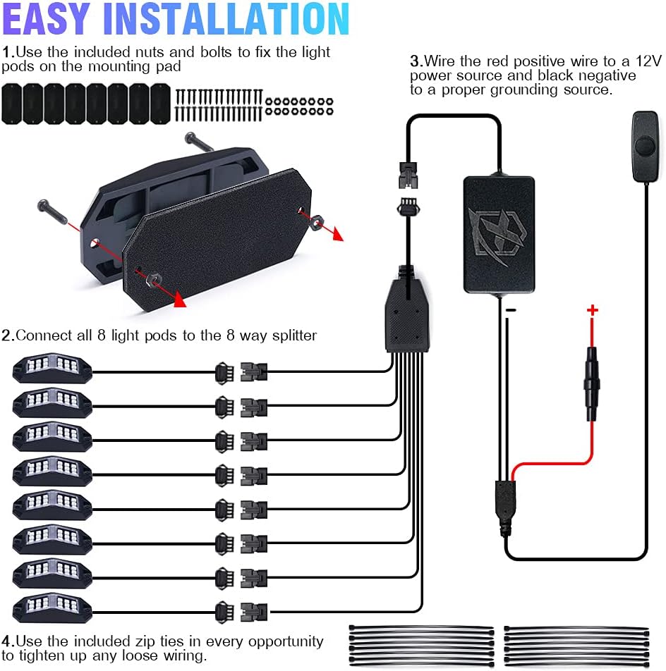 Xprite 8 Pods Rock Lights Wide Angle Bluetooth RGB Rocklights, Multicolor Neon Lighting Footwell Underglow Kits w/Wireless Remote, Compatible Jeep UTV ATV SUV RZR Off-Road Trucks Cars Boats