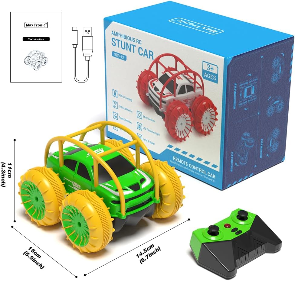 MaxTronic Amphibious Remote Control Car,Rechargeable RC Cars Toy 360° Flips Rotation Stunt Crawler 15KM/H 4WD All Terrain Outdoor Indoor Toy for Kids Boys Girls 3-12