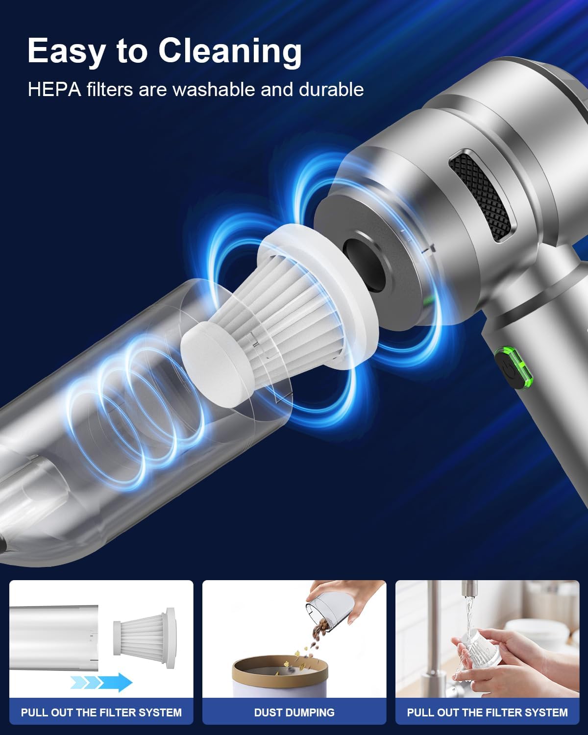 Car Vacuum,3 Suction Modes,Portable Mini Cordless Cleaner with 21000pa Suction Power,Type-C Charge,Handheld Vacuum for Home,Car, Office Desk, Keyboards(Light Silver)