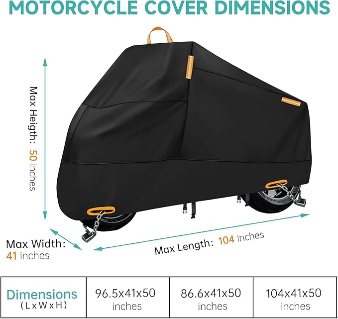 Motorcycle Cover Waterproof Outdoor, 300D Heavy Duty Motorcycle Cover for Harley Davidson Sportster 1200 883 Fat Boy 114 Street Bob, All Seasons Protection Scooter Cover Fits up to 86"