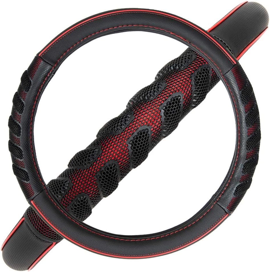 Flying Banner car Steering Wheel Cover Faux Leather Massage Universal fit 3D Honeycomb Hole Anti-Slip Sporty 15 Inches (Red Black)