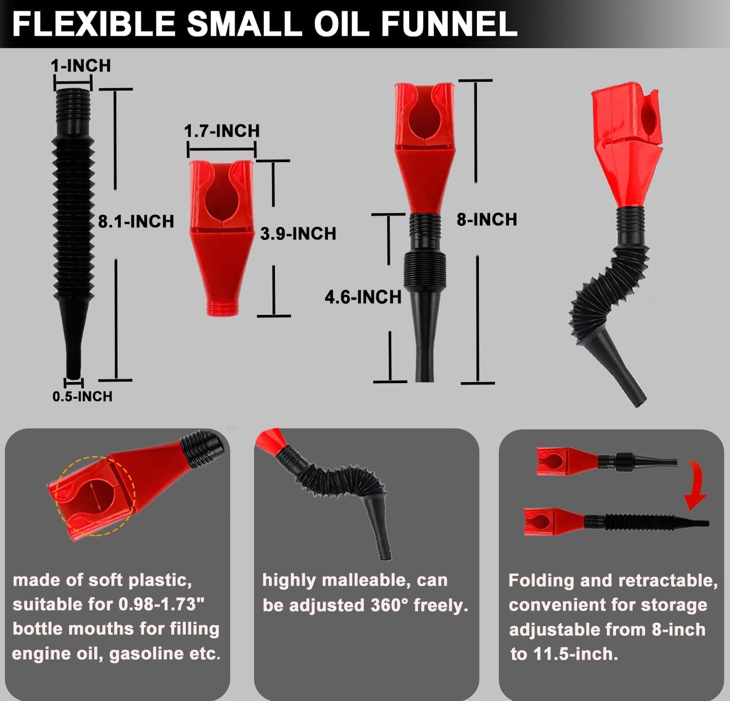 8pcs Oil Filter Wrench Set, 12" Adjustable Oil Filter Pliers with Flexible Oil Funnel, Oil filter Removal Tool Adjustable from 1-1/4"-5-2/5"
