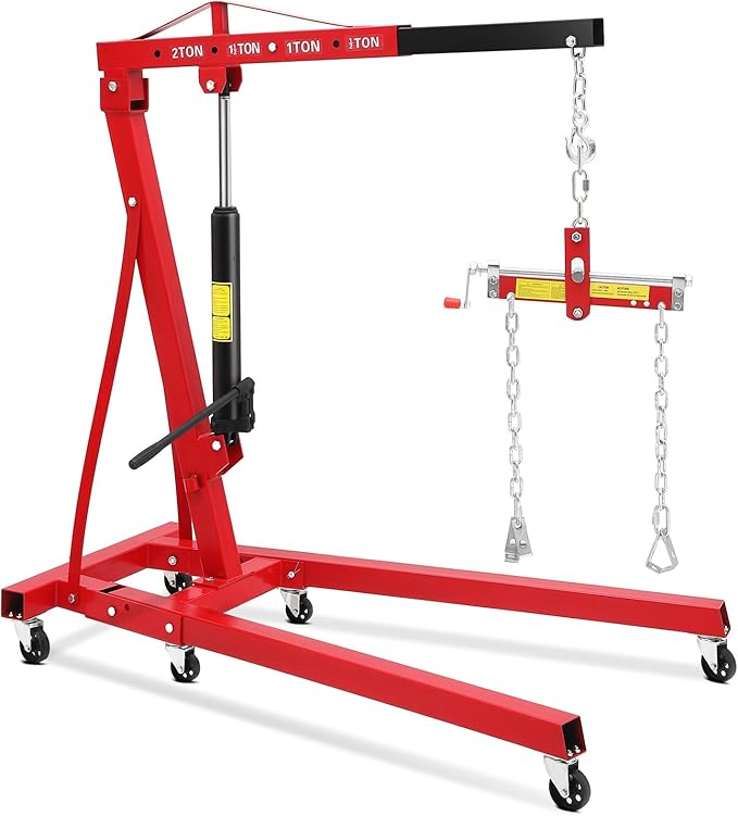 2 Ton Hydraulic Engine Hoist with Lever Stabilizer , Cherry Picker Engine Hoist, 4400LBS Heavy Duty Garage Crane with 6 Swivel Casters & Adjustable Telescopic Boom, for Auto Repair & Workshop (Red)