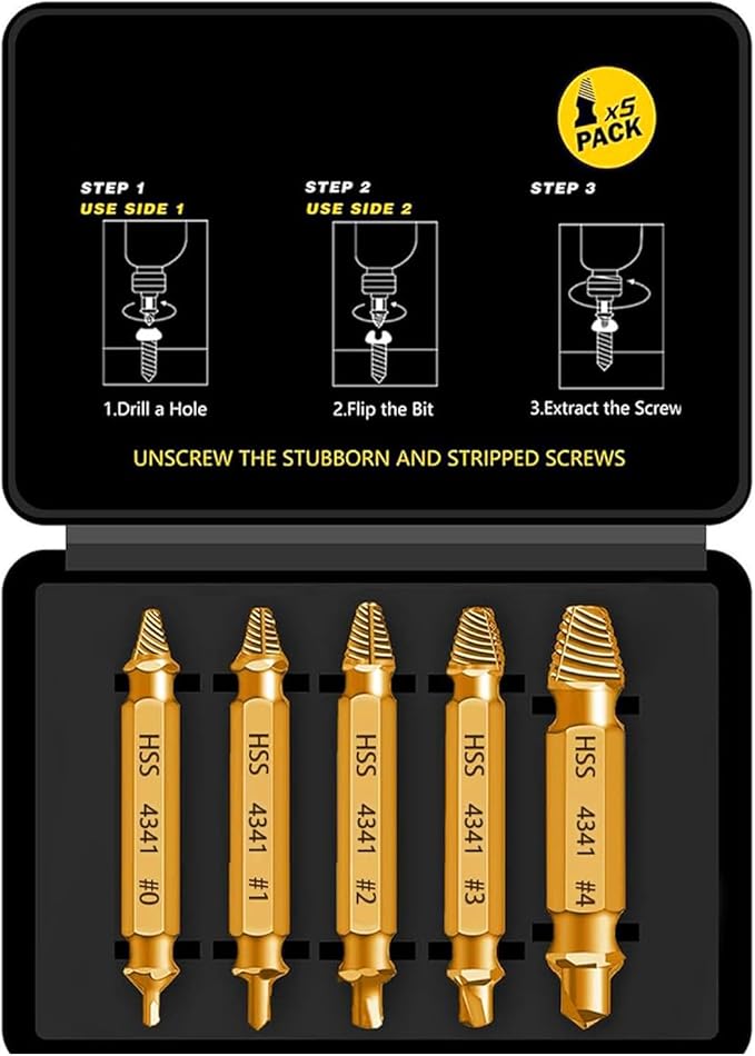 HSS 4341 Damaged Screw Extractor Set, 5-Piece Drill Bit Kit for Stripped Screws and Bolts, Gold, 2-14mm Range, High-Speed Steel with Storage Case