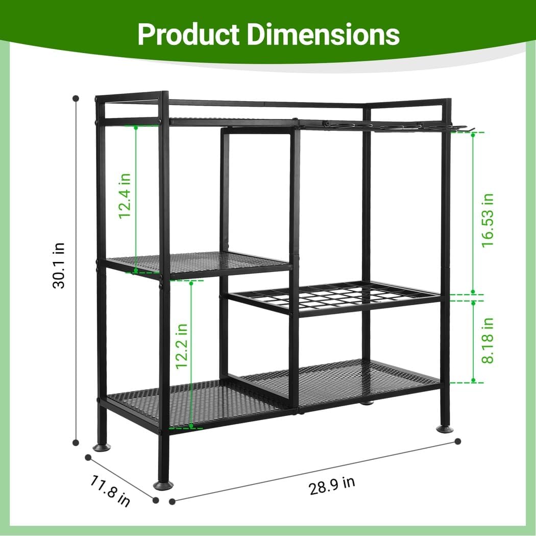 Garden Tool Organizer for Garage, 3 Tiers Garden Tool Holder with Large Tool Slots & Small Tool Hooks, Large Capacity Yard Tool Storage, Heavy Duty Metal Tower Rack for Lawn Garage Shed