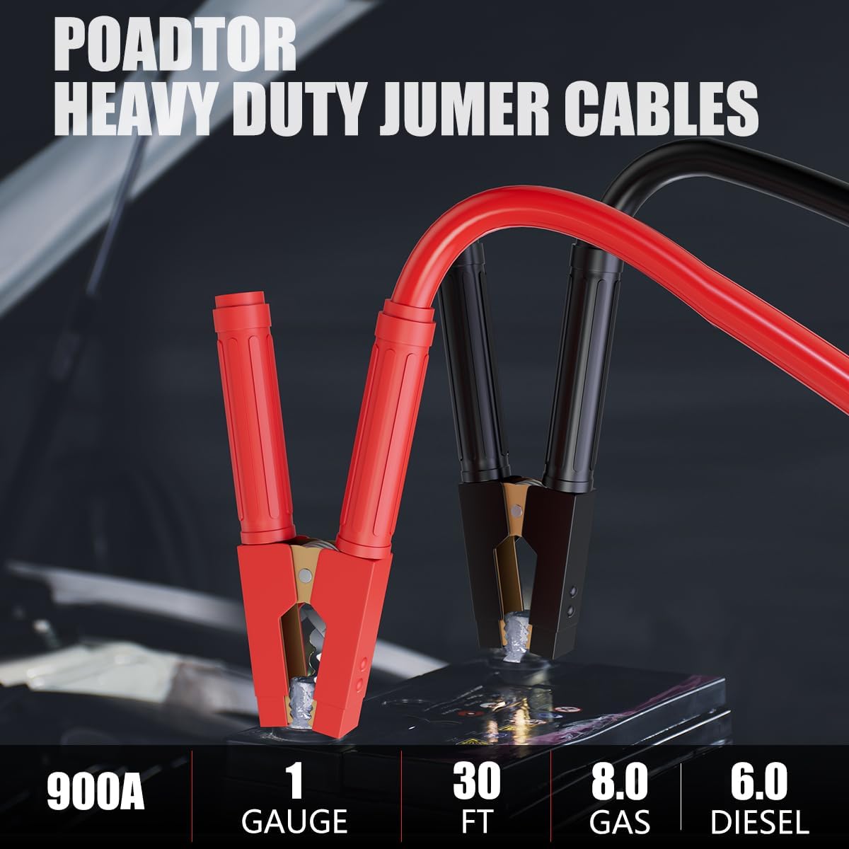 Heavy Duty Jumper Cables 1 Gauge 30FT 900A, Automotive Booster Cables for 12V/24V Car, SUV &Truck Battery with Professional Clamps and Carrying Bag, Suitable for gasoline and diesel engines