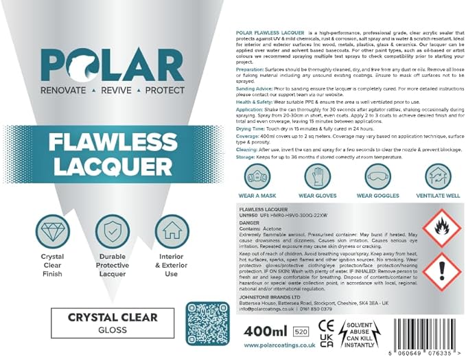 Polar Clear Gloss Flawless Lacquer Spray - 4 x 13.5 Fl Oz - Clear Coat Spray Paint - Non-Yellowing & Scratch Resistant - Interior & Exterior Surfaces for Wood, Metal, Plastics, Glass & Ceramics