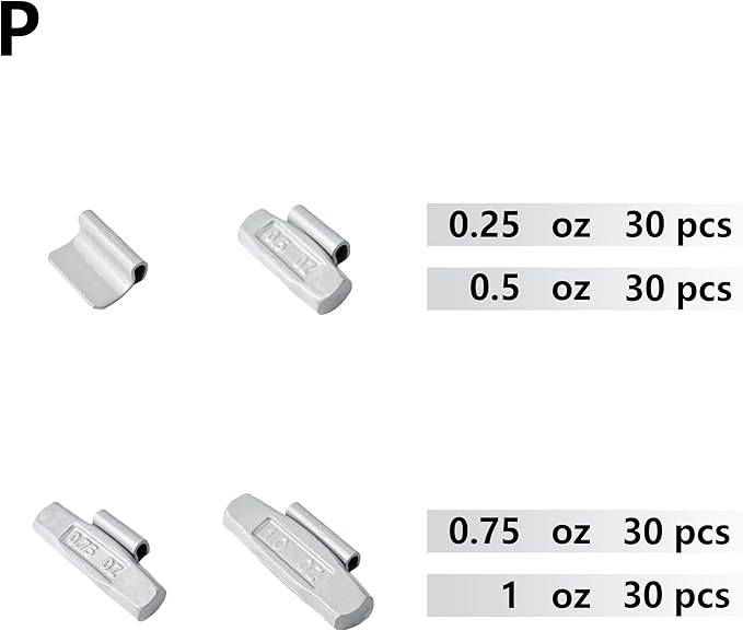 P-M120 Wheel Weight Kit P Style Grey 120pcs/kit: 1/4oz, 1/2oz, 3/4oz, 1oz 30pcs Each