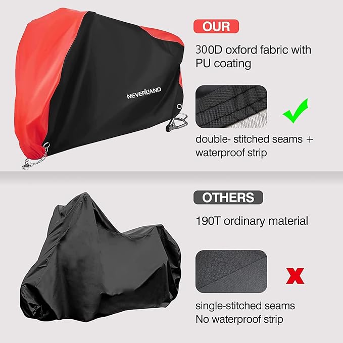 NEVERLAND Motorcycle Cover Waterproof Outdoor - Motorbike Scooter Covers Heavy Duty Medium with Lock-Holes, Bandage, Storage Bag Compatible with Harley Davidson Kawasaki Yamaha Honda Grom (Up to 116”)