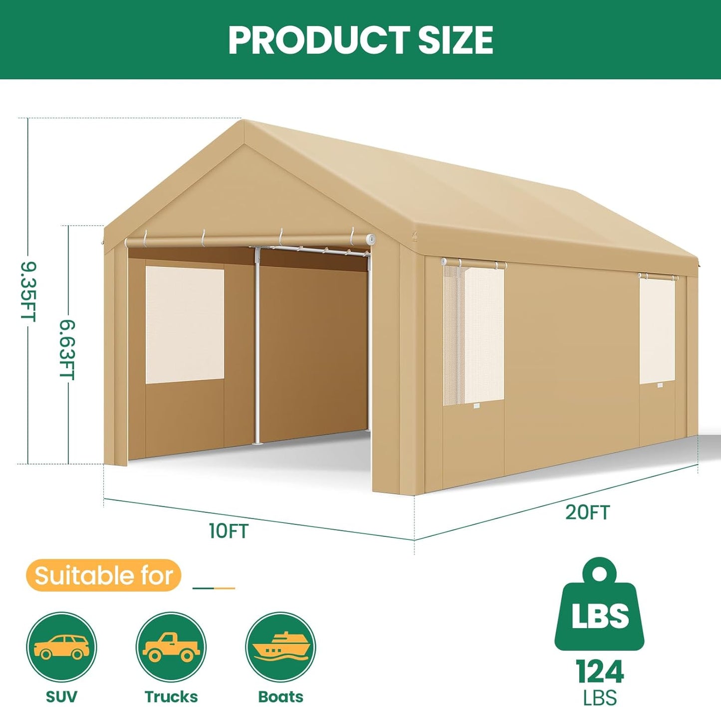 COBIZI Carports 10x20 Heavy Duty Car Canopy Garage with Removable Sidewalls & Doors, Galvanized Frame Portable Carport Canopy with Built-in Sandbags & All-Season Tarp for Car Boat Truck, Khaki