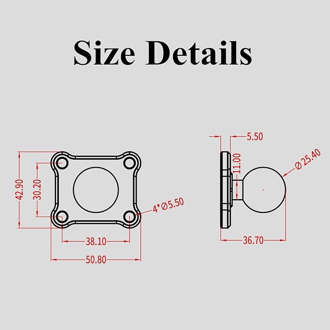 BRCOVAN 1'' Ball Mount Base with Aluminum Alloy 4-Hole AMPS Square Plate Compatible with RAM Mounts B Size 1 Inch Ball Double Socket Arm