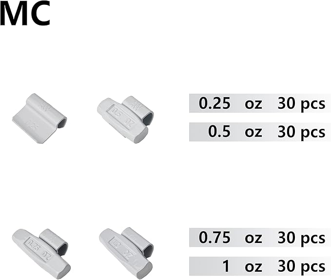 MC-M120 Wheel Weight Kit MC Style Grey 120pcs/kit: 1/4oz, 1/2oz, 3/4oz, 1oz 30pcs Each