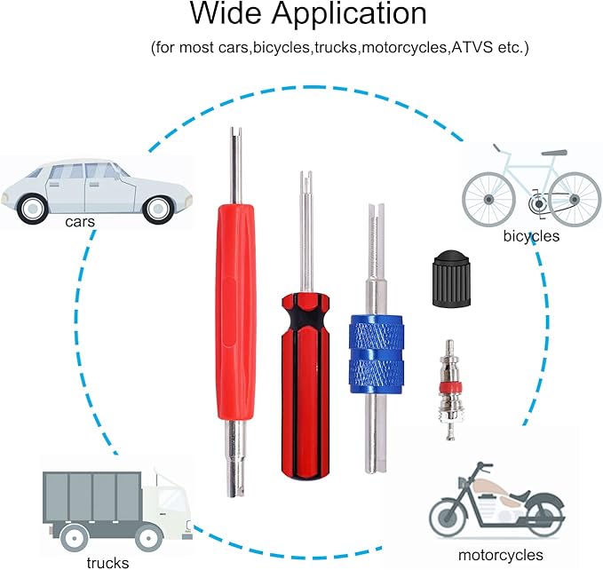 64PCS Tire Valve Stem Removal Tool Kit - 40PCS Tire Valve Cores, 20PCS Valve Stem Caps, 4-Way Valve Tool, Single and Dual Heads Valve Core Remover Tire Repair Tool
