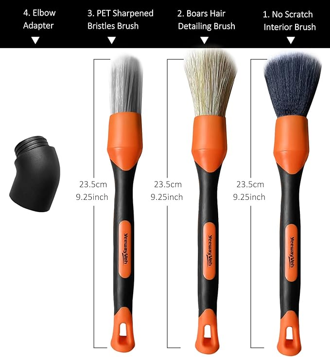 YeewayVeh 3pcs Car Detailing Brush Set, Boar Hair, Soft & Sharpened Bristles, Elbow Connection, Orange