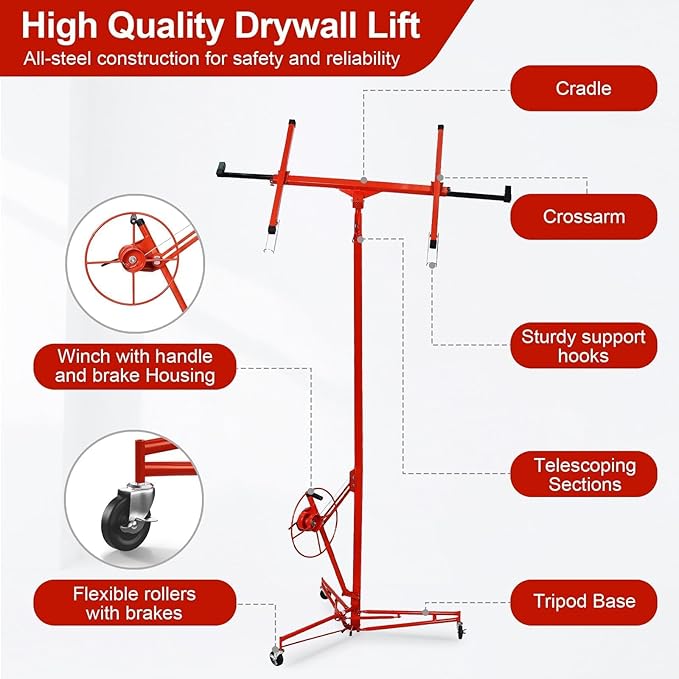 16FT Drywall Lift Sheetrock Lift, 150LBS Capacity, Drywall Lift Panel Hoist with Telescopic Arm, Drywall Jack Lift with 3 Lockable Wheels for Home Improvement Classic, 4'x16' Panel Size, Red