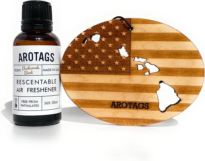 Arotags Car Air Freshener - Reusable Wood Diffuser - Hanging Odor Eliminator - Hawaii Patriot - Balsam & Cedar Scent