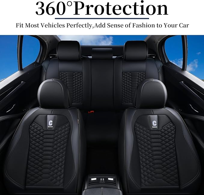 Coverado Car Seat Covers Full Set, 5 Seats Universal Seat Covers for Cars, Breathable Fabric& Faux Leather Auto Seat Cushions, Front and Rear Seat Protectors Fit for Most Sedans SUV Truck, Black