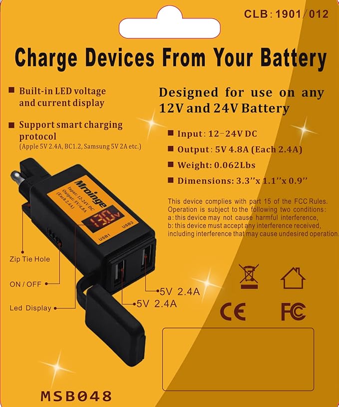 Motorcycle USB Charger, Mroinge 4.8A SAE to USB Adapter with Voltmeter & Ammeter, Quick Disconnect Plug with Dual USB Charger Perfect for Smart Device Charging, with ON/Off Switch & Waterproof Cover