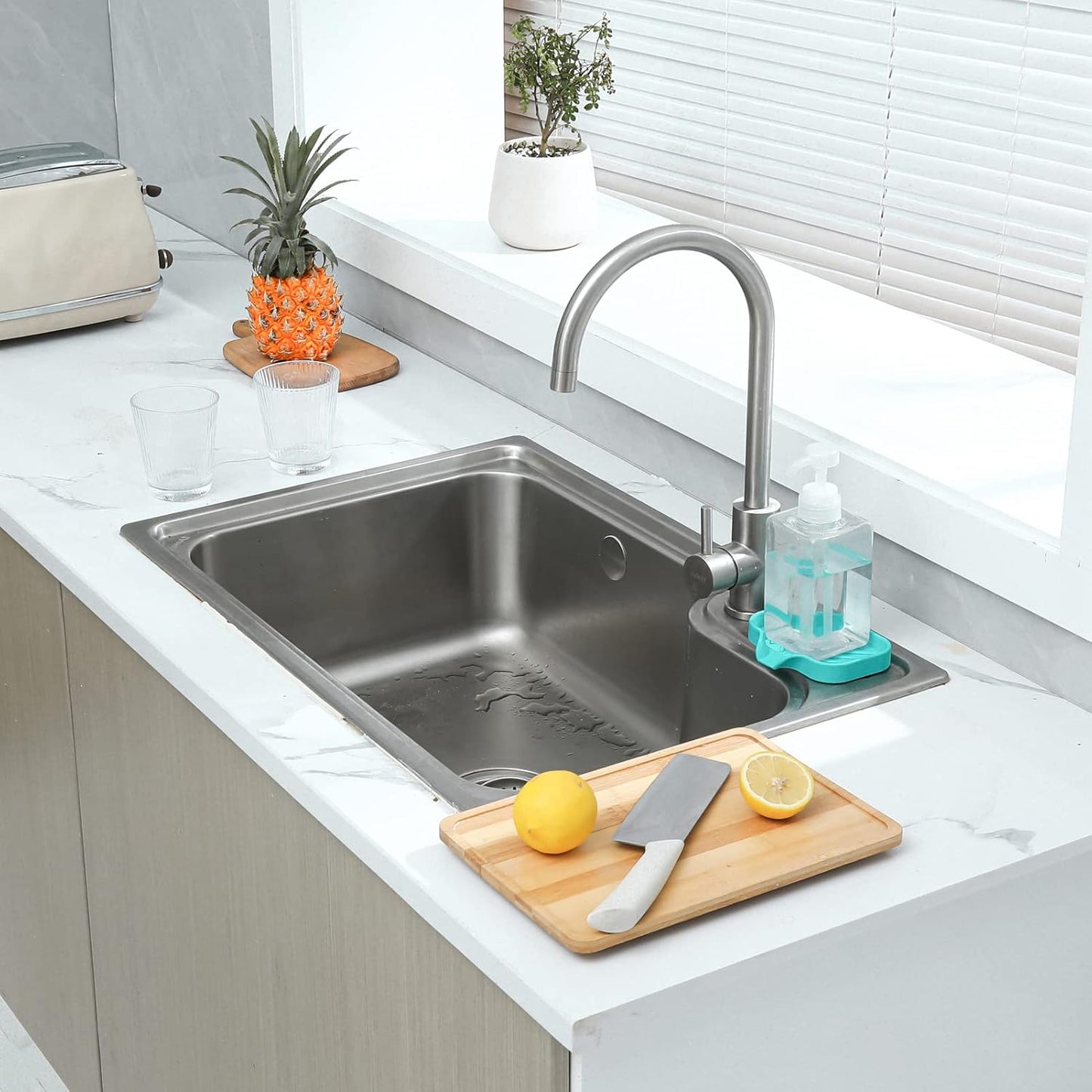 Silicone Bathroom Soap Dishes with Drain Spout-Bathroom and Kitchen Sink Organizer,Sponge Holder,Dish Soap Tray,Perfect for Dispenser,Scrubber,Bottle,Cup on Sink or Counter-Mint 4.9"×3.2"