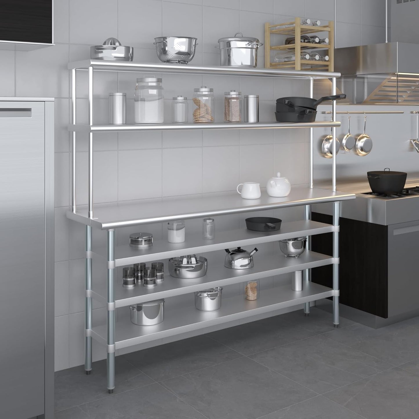 Amgood 18" x 72" Stainless Steel Work Table with 3 Shelves and 12" Wide Double Tier Overshelf | Metal Kitchen Prep Table & Shelving Combo | NSF