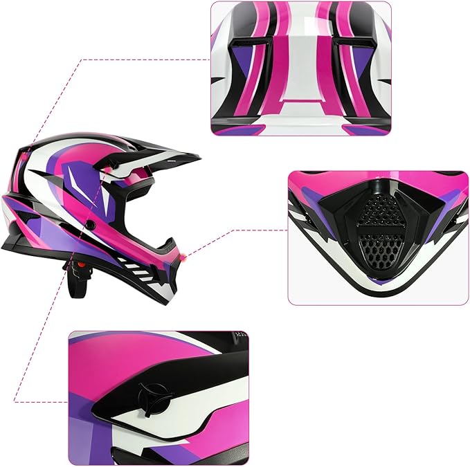 XFMT DOT Youth Kids Dirt Bike Helmet Full Face Motocross Helmets for Off-Road ATV Street Bike Four Wheeler Motorcycle with Goggles & Gloves, Rose Red Small