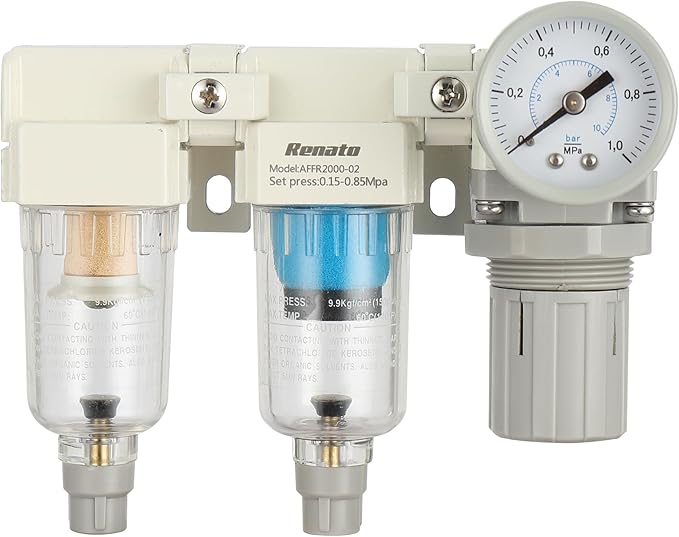 1/4" NPT Three Stage Air Drying System - 0.01 Micron Particulate Filter Air Pressure Regulator Combo - 0-125psi Gauge, Semi-Auto Drain, Metal Bracket