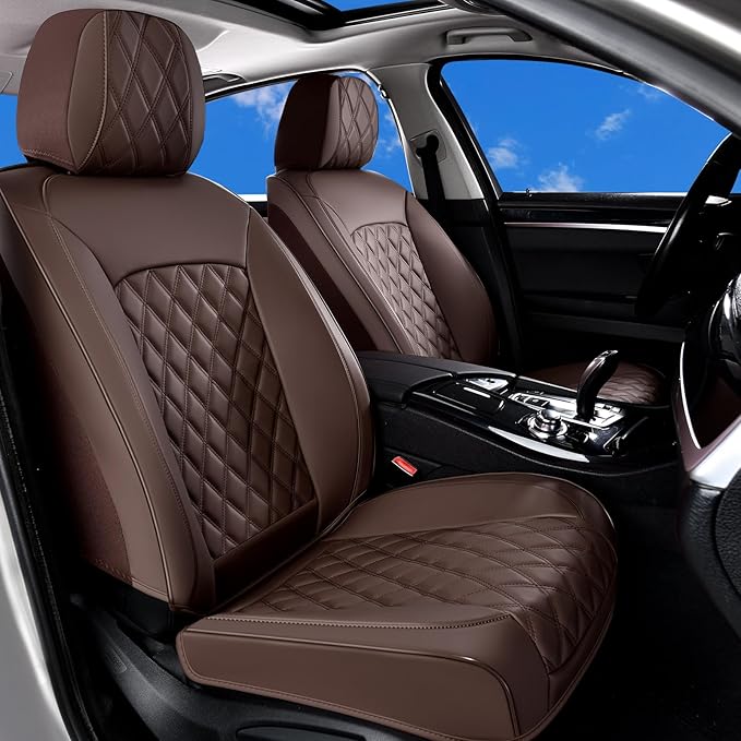 Huidasource Coffee Front Seat Cover, Nappa Leather Front Car Seat Cover, Side Elastic Fabric, Compatible with Airbags, Seat Belts, Universal Fit for Most Cars, Vans, Trucks, SUV (Front Pair/Coffee)