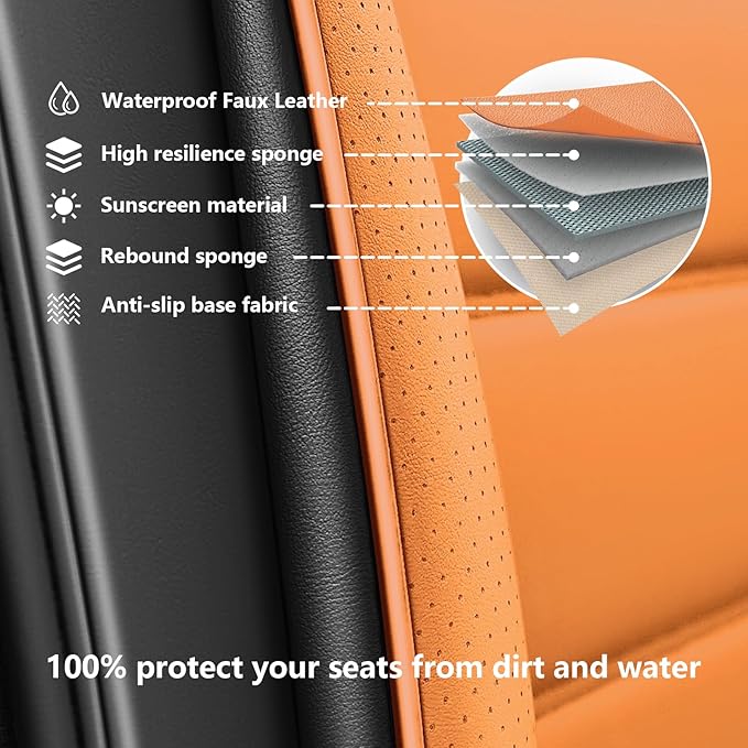 Full Set Car Seat Covers for GMC Sierra 1500/2500/3500 Denali SLT AT4 AT4X Base Seat Covers 2008-2025, Waterproof Premium Nappa Leather Seat Protectors(Standard 5 Seats/Black&Orange)