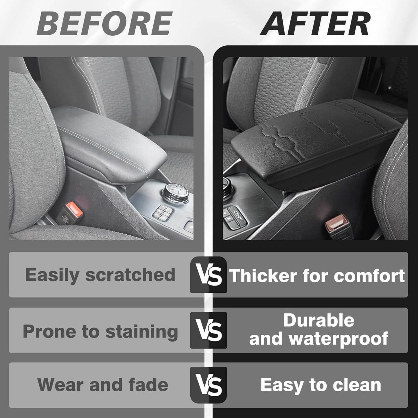 Muslogy Center Console Armrest Cover Compatible with Ford Ranger 2024 2025 Accessories Comfort Armrest Pad Cushion Box Lid Cover Vegan Leather Protector 1-Inch Extra Thick(Black/Black Stitching)