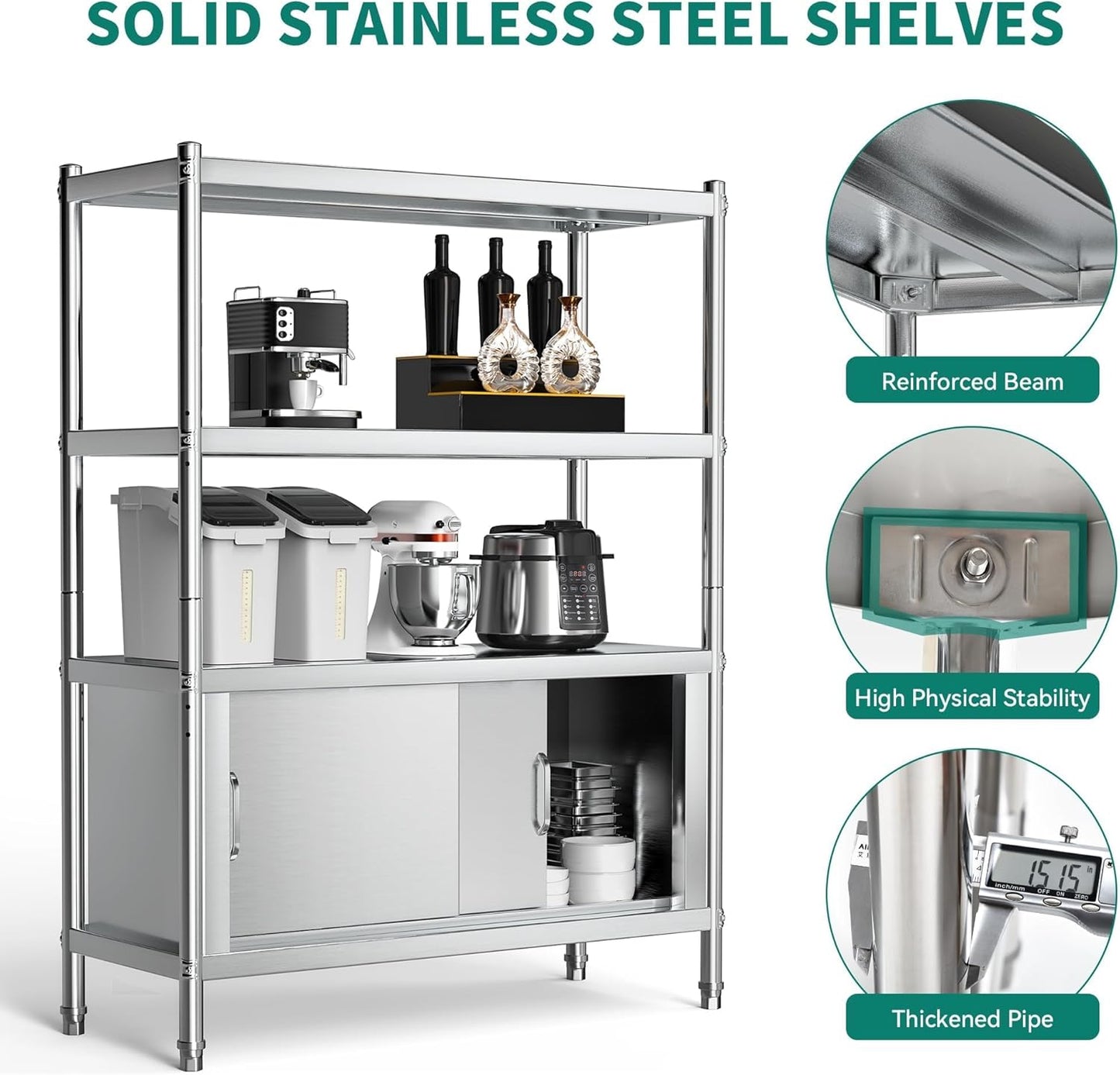 YITAHOME Stainless Steel Shelves 4 Tier, 48x18x60in Storage Shelf Unit with Cabinet, NSF Heavy Duty Floor Mount Shelving for Kitchen Garage Office Restaurant Warehouse, Indoor