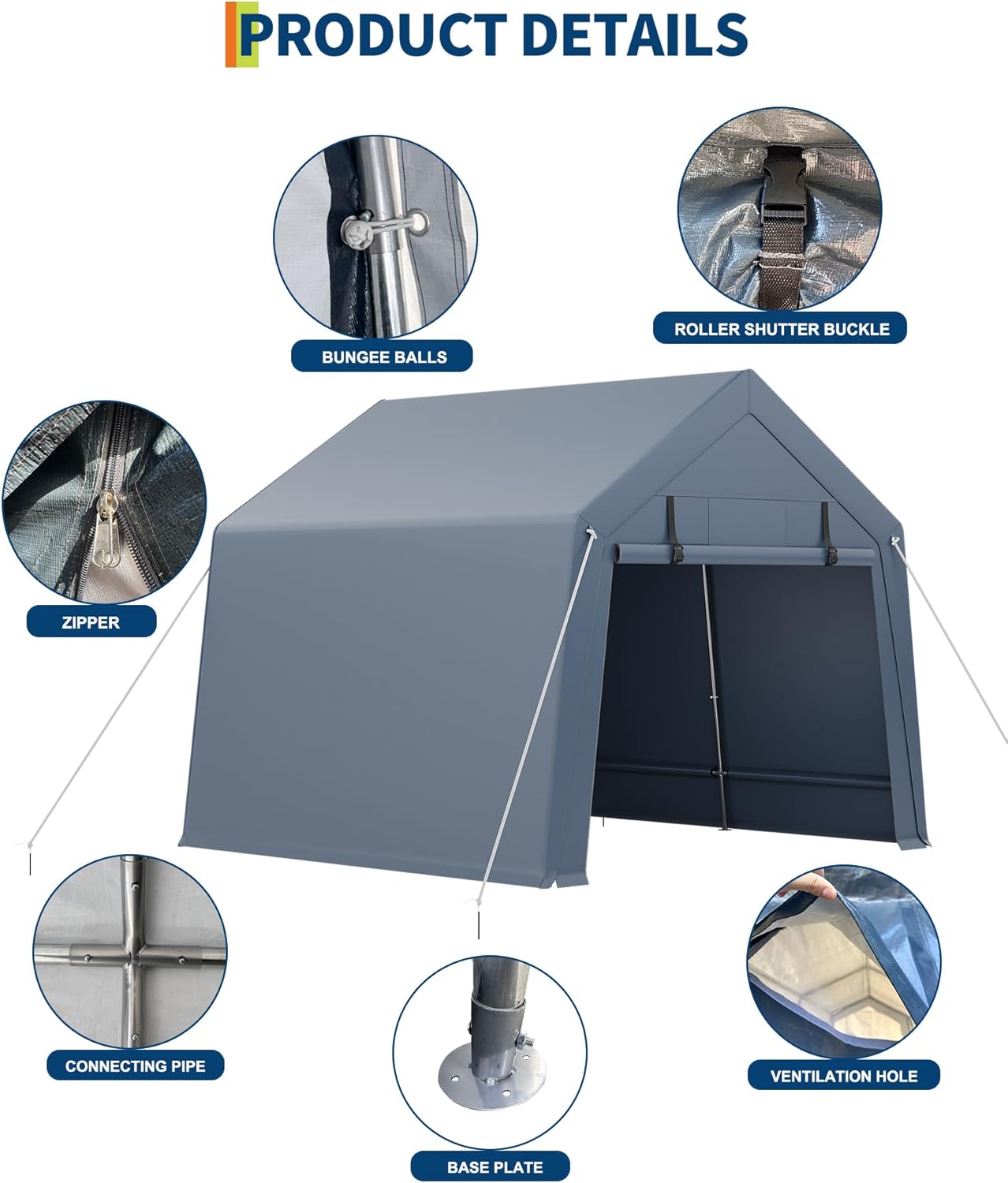 10x10FT Outdoor Storage Shed, Portable Carport with Roll-up Ventilated Zipper Door and Windows, Heavy Duty Waterproof Tarp, Storage Sheds for Motorcycle, Bike, Firewood, Garden Tools