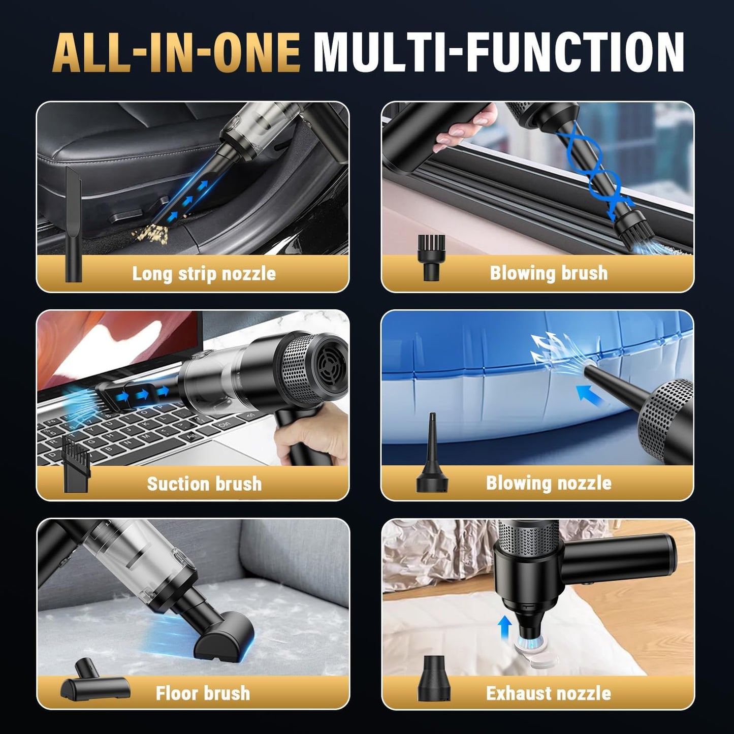 Handheld Car Vacuum Cleaner, 16000PA Car Vacuum Portable Cordless,4 in 1 Air Duster and Vacuum Cleaner with LED Light,Dual Filters, High Power Handheld Used for Home, Pet, Office